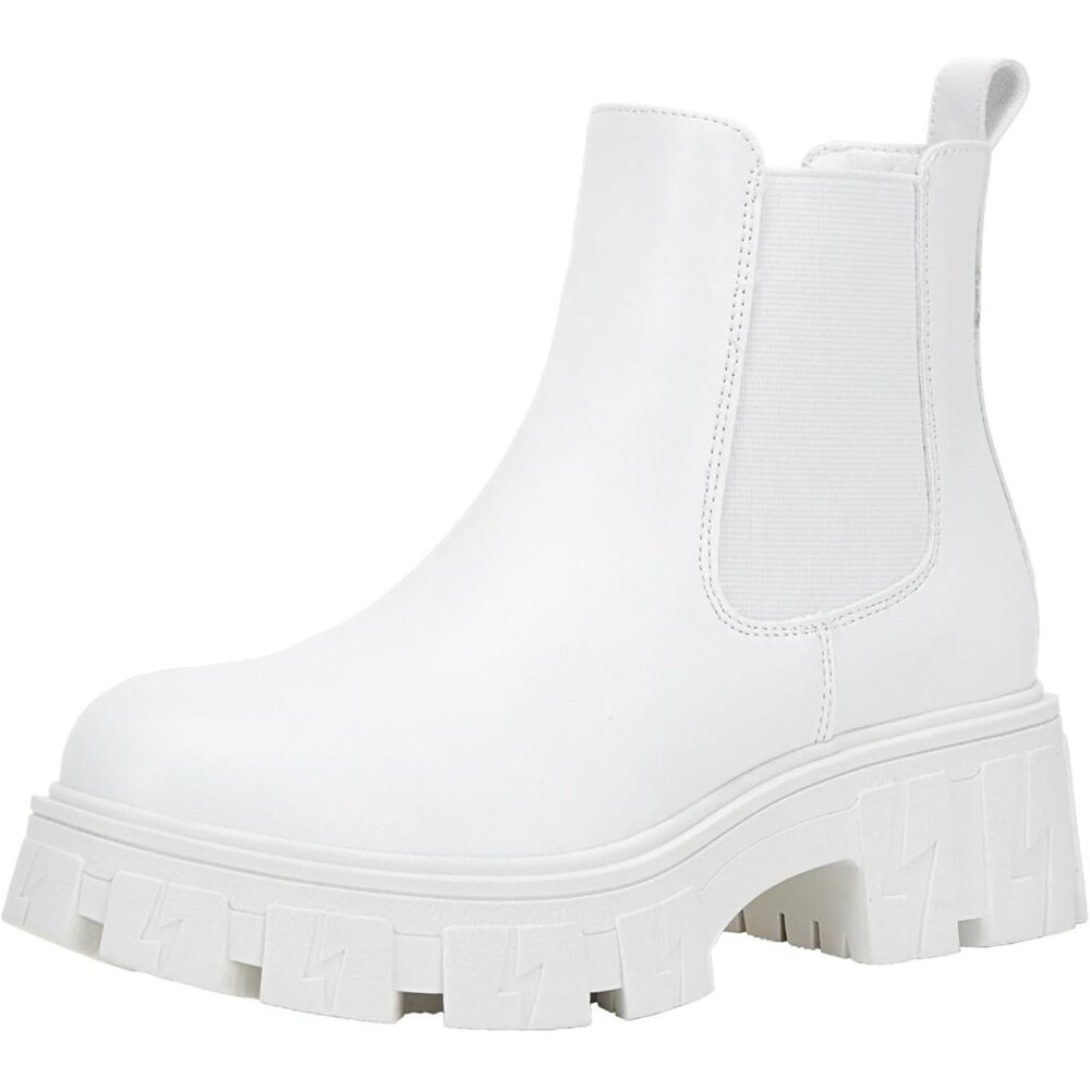 ⚡Women Chelsea Lug Sole-9620-all White Synthetic leather Ankle Elastic Band Boot